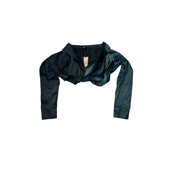 V-Neck Wrap Long Sleeve Crop Top Elastic Satin Feel Emerald Green NWT Medium - Picture 1 of 10